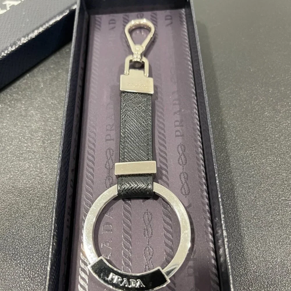 Prada Black Leather Key Chain/Bag Charm Unisex (JB1119)
